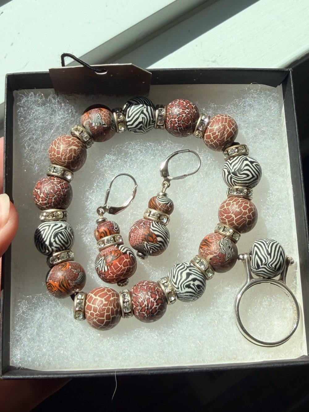 SHE BEADS Brown & Black Zebra Clay Bead Bracelet, Earrings and Ring Set, 925